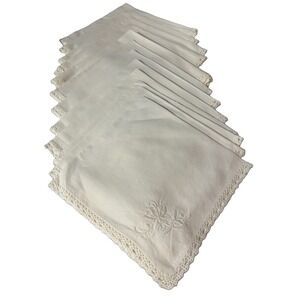 Vintage White Embroidered Rose Napkins Crochet Lace Edge Set Table Linens